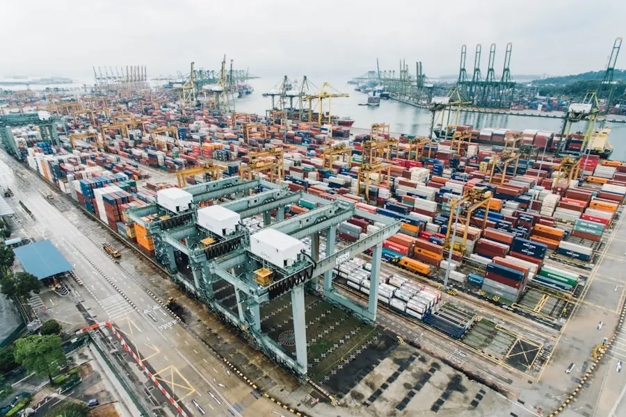 Container train passing through industrial yard